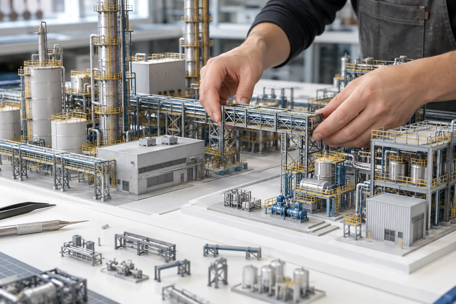 Assemblage d’une maquette industrielle détaillée dans un atelier